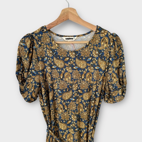 NEW Boden Knot Detail Jersey Mini Dress in Harvest Gold/Paisley Terrace, size 8r - Picture 2 of 8